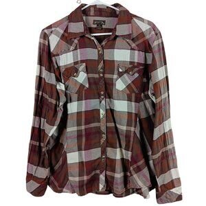 Cowgirl Up Womens Size XL Brown Plaid Western Shirt Pearl Snap With Rhinestone